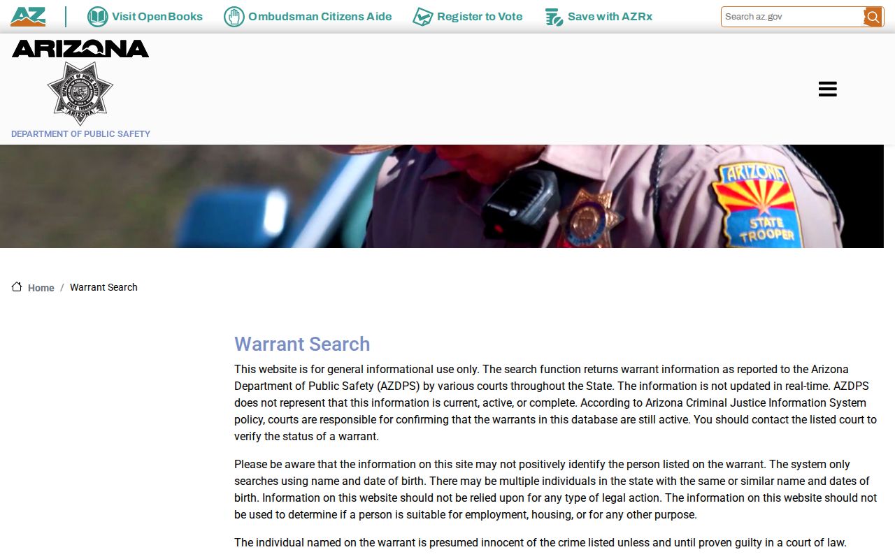 Arizona Department of Public Safety warrant search page